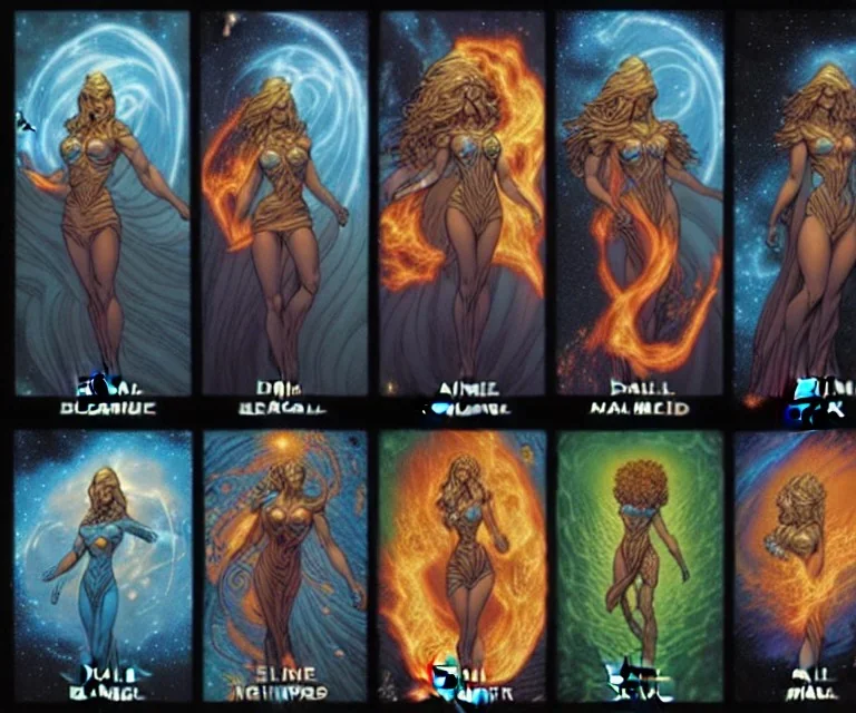 Four doll divine representing each one the four elements: fire, earth, air, and water. Mark Brooks and Dan Mumford comic book art perfect smooth elemental galactic space.