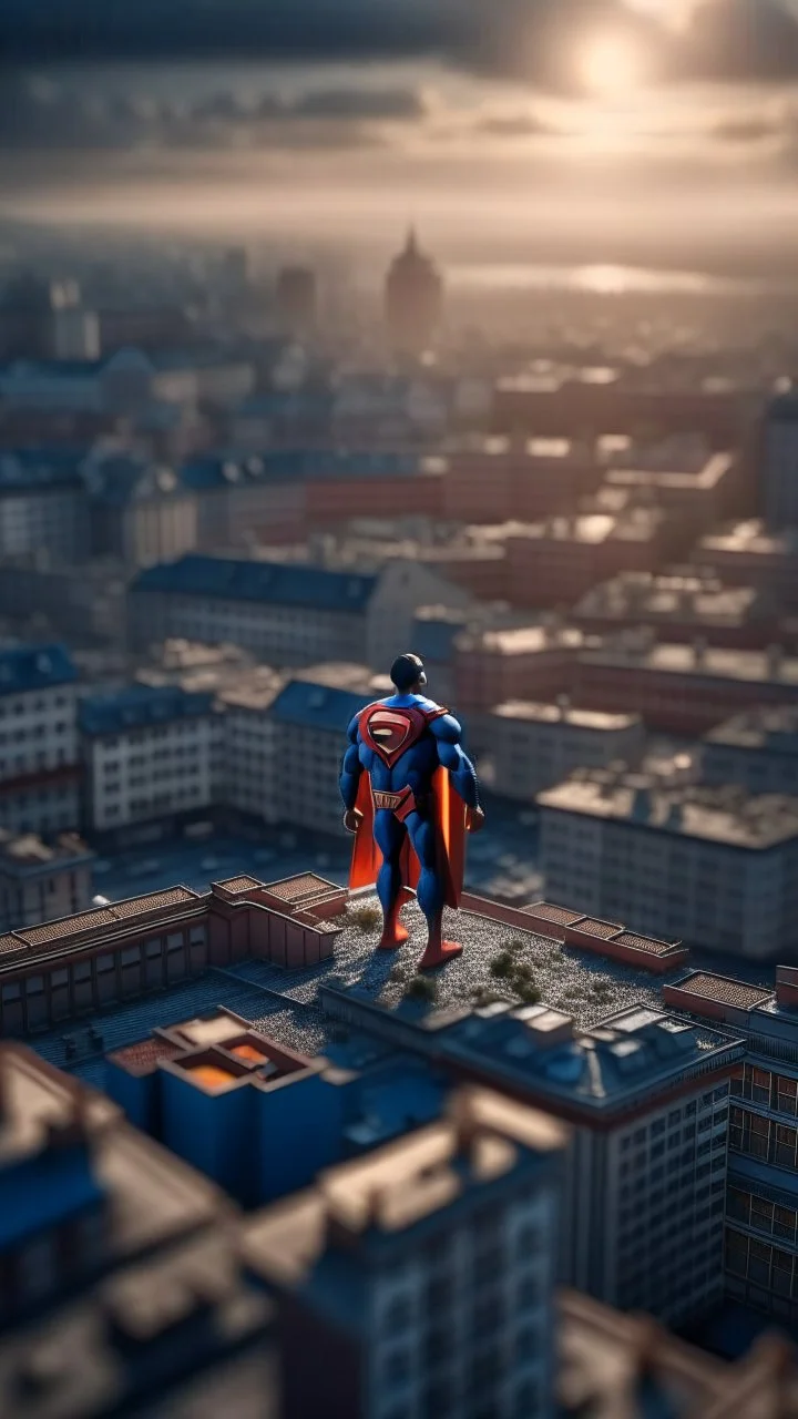 drone shot of superman over Nidelven in Trondheim, shot on Hasselblad h6d-400c, zeiss prime lens, bokeh like f/0.8, tilt-shift lens 8k, high detail, smooth render, down-light, unreal engine, prize winning