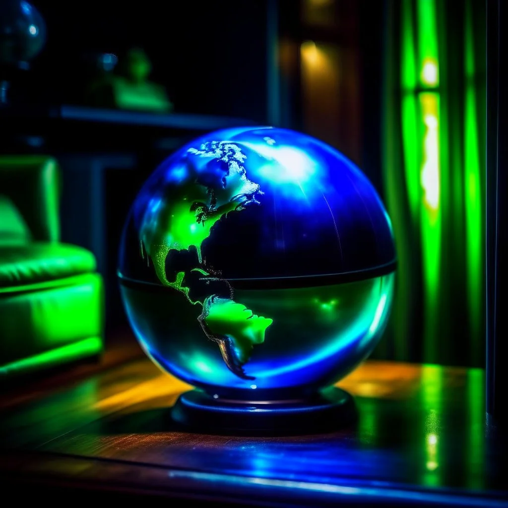 an earth globe looking like a crystal ball on a cushion in a dark room, dark green and blue colors, fantasy atmosphere, photo quality