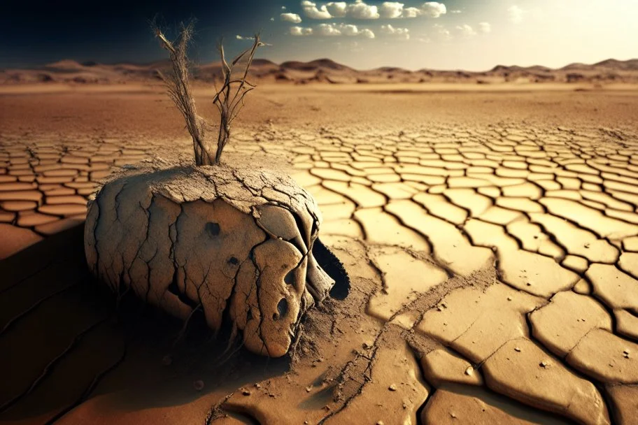 A picture of an AI, in the background drought-cracked earth