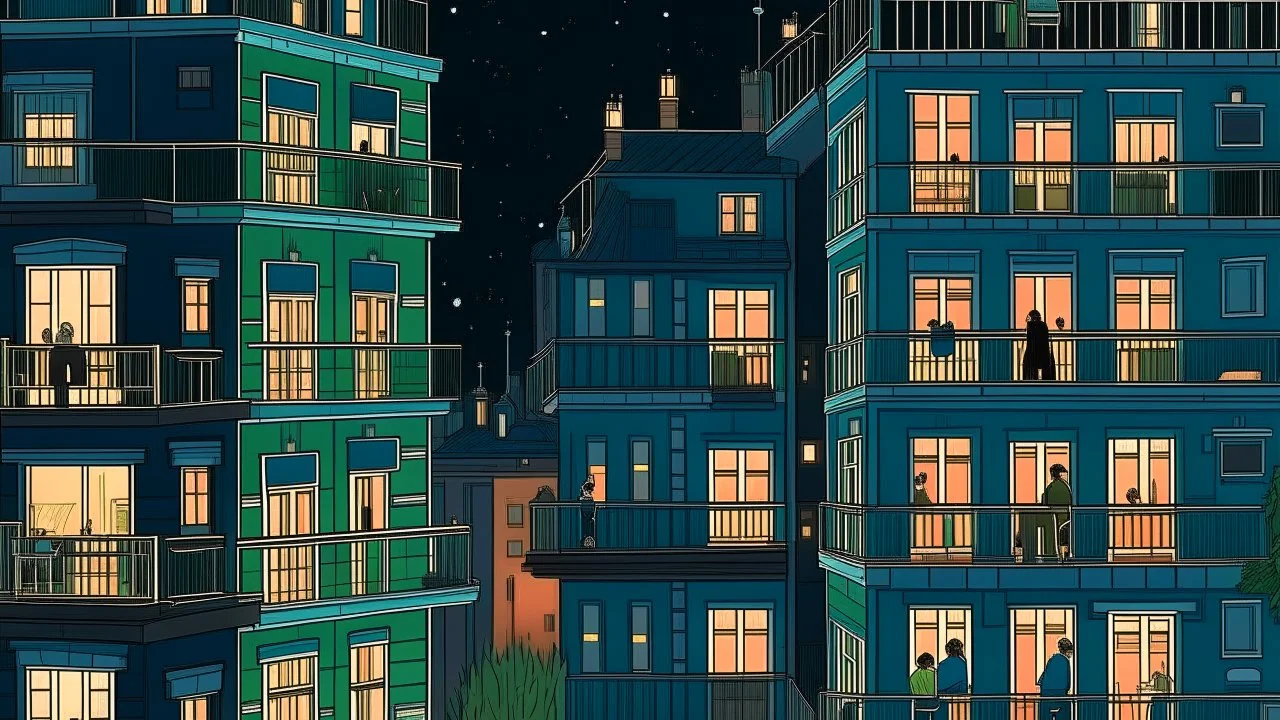 A lively nighttime cityscape with apartment buildings, clotheslines, and neighbors interacting on their balconies