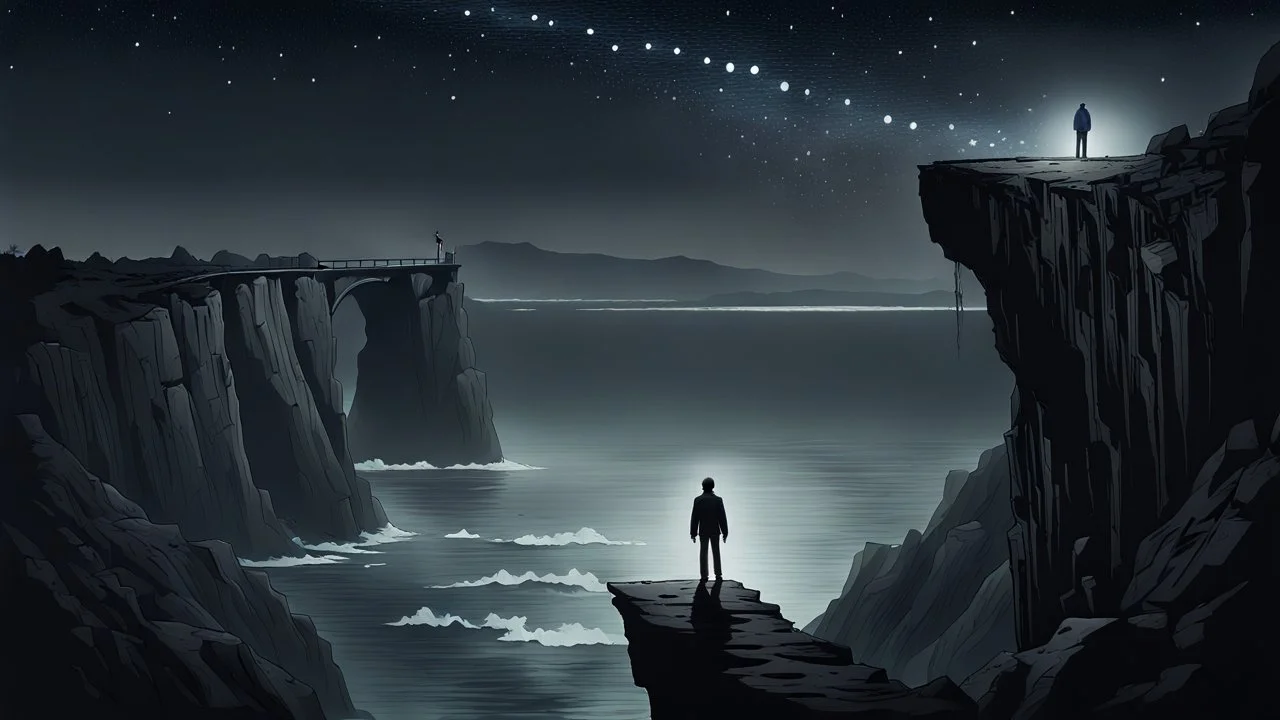 a lone figure stands on a steep cliff, below him is a precipice, in front of him is the far rocky shore, between the two is an old, ragged, gaping, narrow bridge, dark, surreal, thriller, dreamlike, pale light, in the distance a faint light, hope, the figure looks up at the starry sky