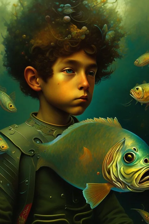 a painting of a young boy riding a fish, a storybook illustration by Esao Andrews, cgsociety, pop surrealism, storybook illustration, whimsical, detailed painting, ukiyo-e style