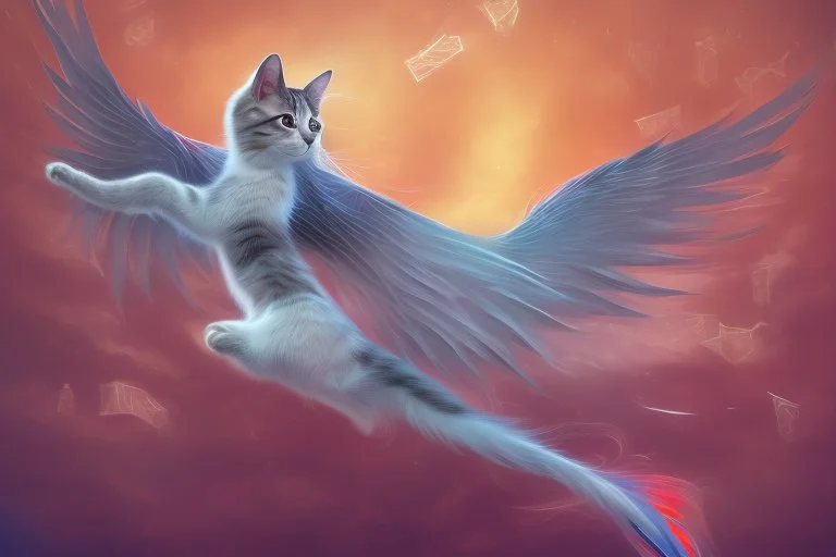 A cat with wings is flying in the sky. 3/4 side view. digital art.