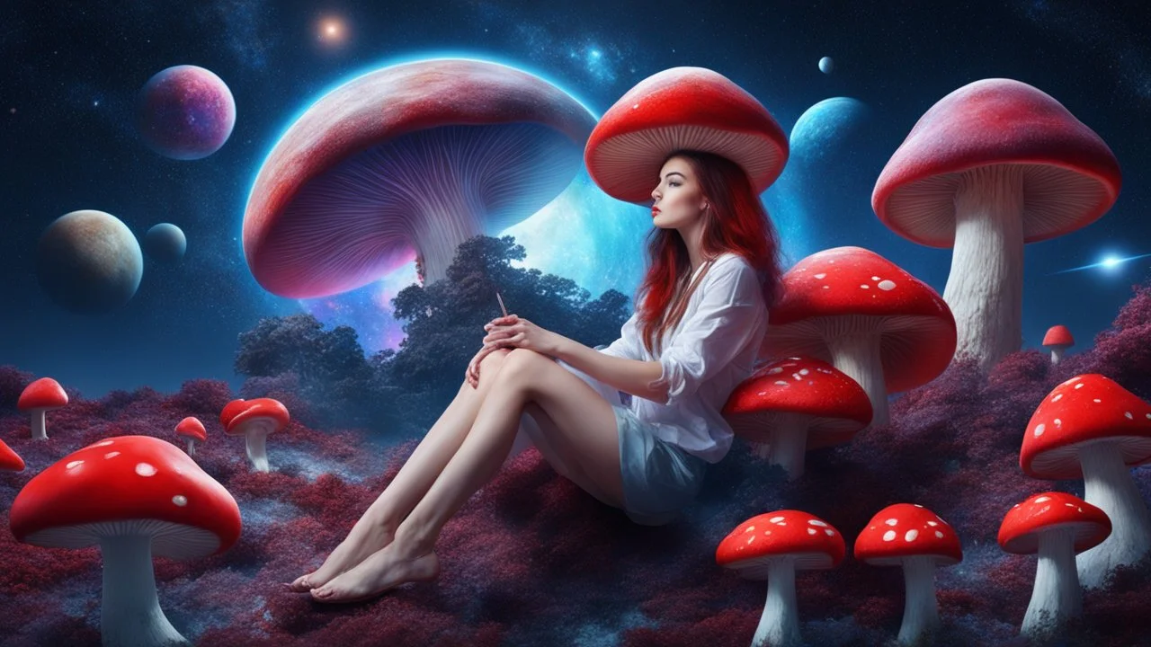 beautiful women sitting with red bor on blue, red, purple mushroom in space, planets at the back ground, hyper realistic.