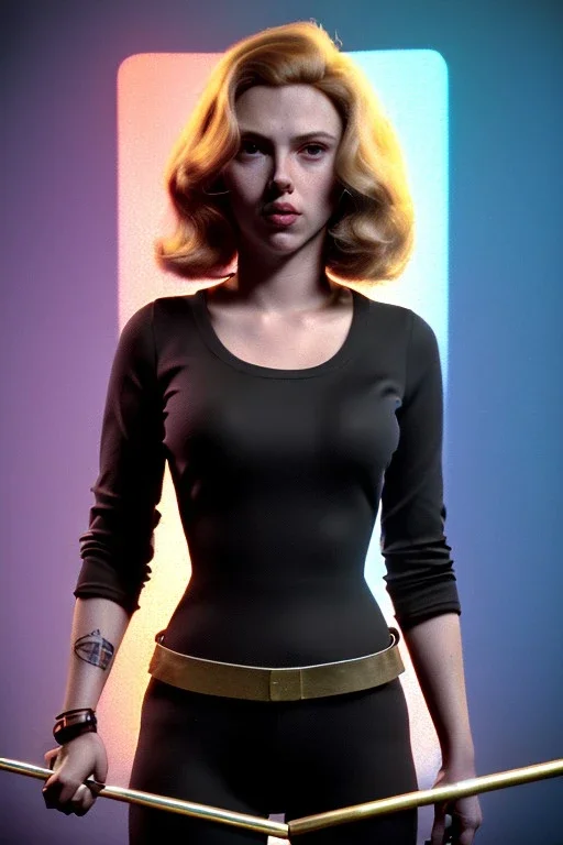 retro portrait image from 1960, explosion background, long hair, young Scarlett Johansson, classic black tight lycra suit, metal stick weapon, gold bracelet and belt, high heel boots, soft color, highly detailed, unreal engine 5, ray tracing, RTX, lumen lighting, ultra detail, volumetric lighting, 3d, finely drawn, high definition, high resolution.