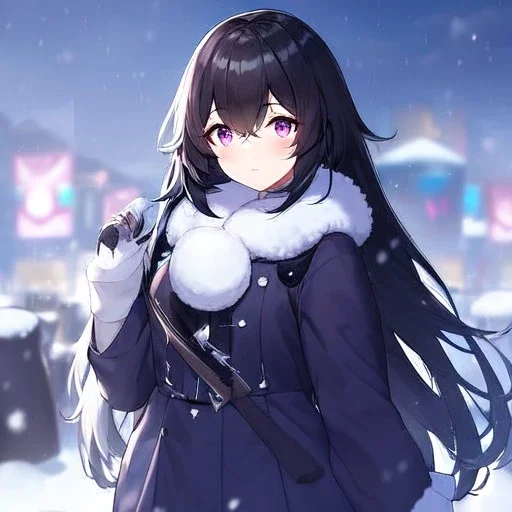 Clear focus,High resolution, black long fluffy hair, long fluffy bangs, purple eyes, wearing a snow outfit, wearing a short skirt