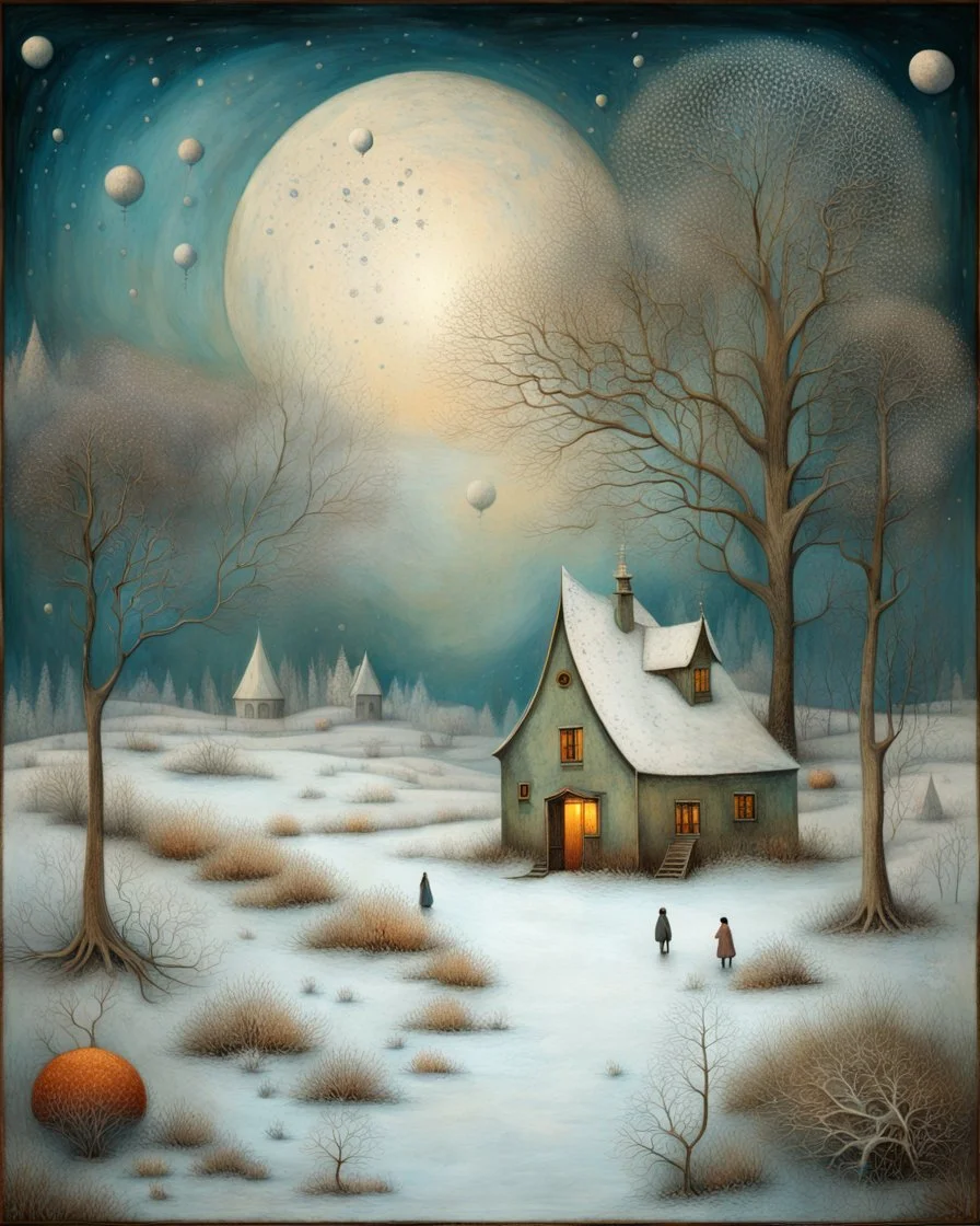 Richly textured Hieronymus Bosch, Catrin Welz-Stein, William Turner, Zdzisław Beksiński, Jacek Yerka oil on canvas zentangle line art style mix, surreal frosted fantasyland winter oceanscape, hoarfrost on trees, high grasses, snow and cottages, withered flowers, pale sunrise; paint splatter, beautiful vibrant colors, reflections, SK, flying seagulls, dramatic clouds, snowfall.
