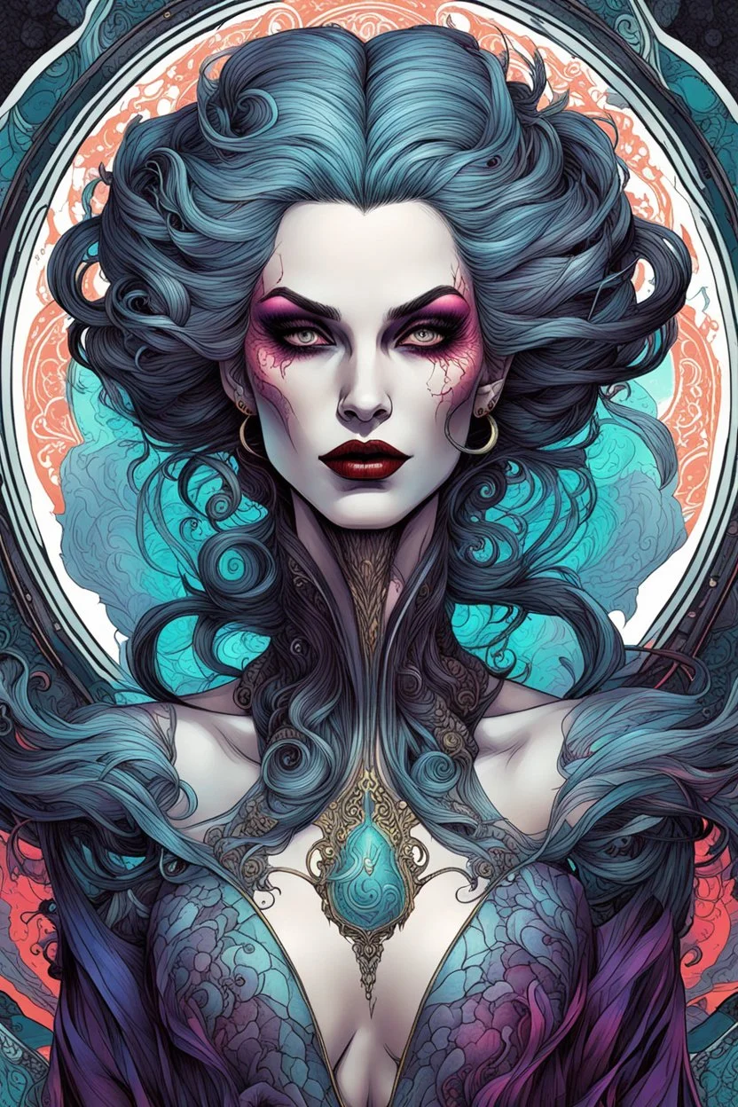 full color full body illustration of a surreal, ethereal, futuristic female vampire time traveler, with highly detailed hair and facial features in the style of Sveta Dorosheva and Travis Charest, detailed and sharply defined line work and inking, vibrant natural color palette, 4k, on an ornate abstract background