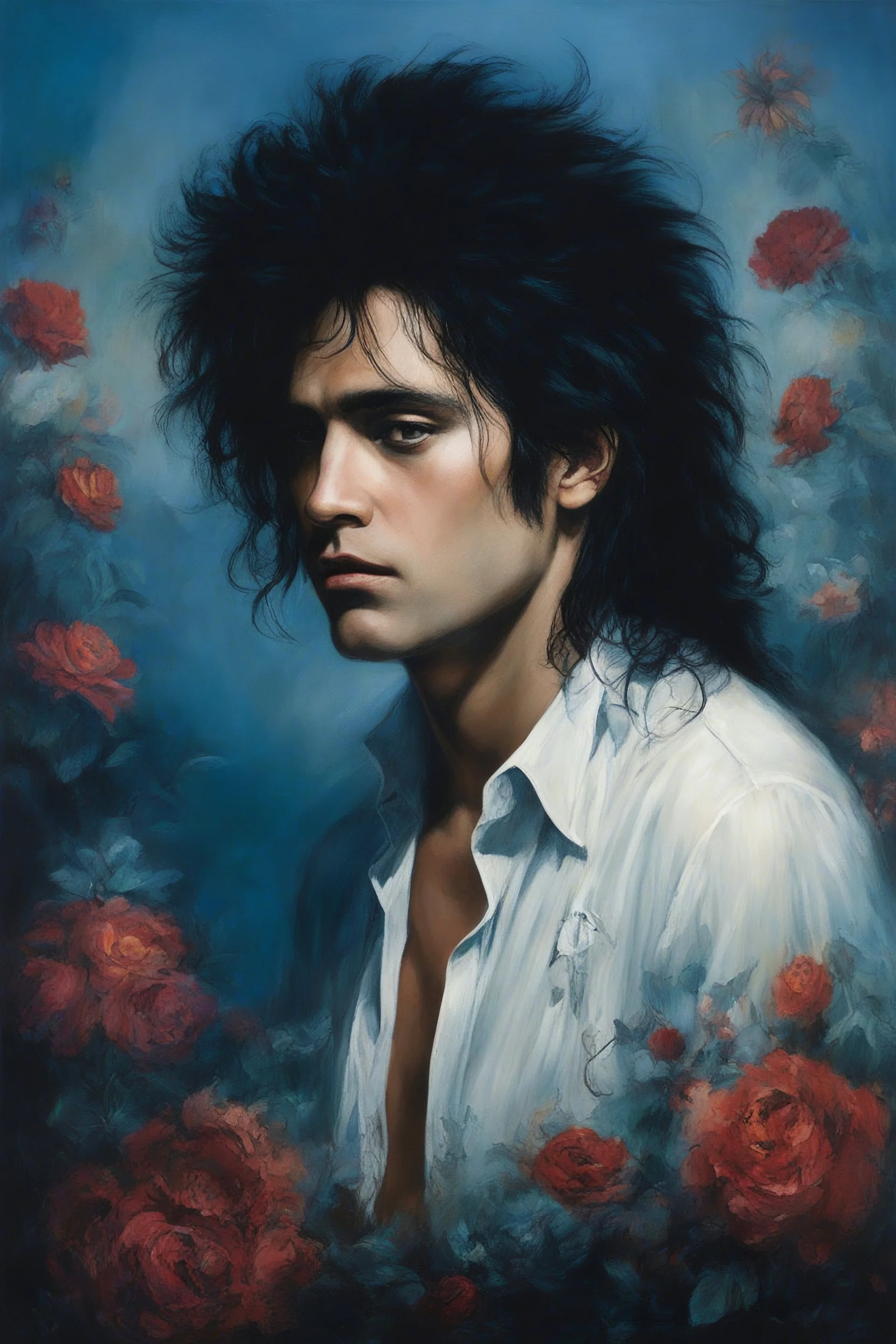 Chiaroscuro lighting, deep shadows, rich deep colors, facial portraits, 1980, 42-year-old Elvis Presley, ((1980's big hair, long, teased up Spikey Motley Crue style hair)), black hair, facial portraits, foggy, cloudy blue wall with assorted designs and multiple floral arrangements in the background, 4k, 8k, 16k, 32k, 100k UHD, Ultra-Hyper Resolution, dark, sultry eyeshadow, eyeliner, mascara, rouge, lipstick,