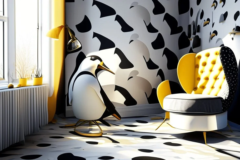 lifelike human feet pattern decorated wallpaper in the background and a penguin shaped and penguin coloured (black and white) armchair in a modern room in sunshine