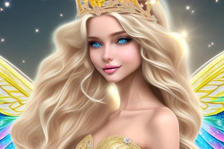 smiling, beautiful, soft,smiling, straight and long blonde hair, dewy and shiny atmosphere, diamond crown, long fairy wings in the back, full head, curly hair, golden veil clothes, bacground pink and blue