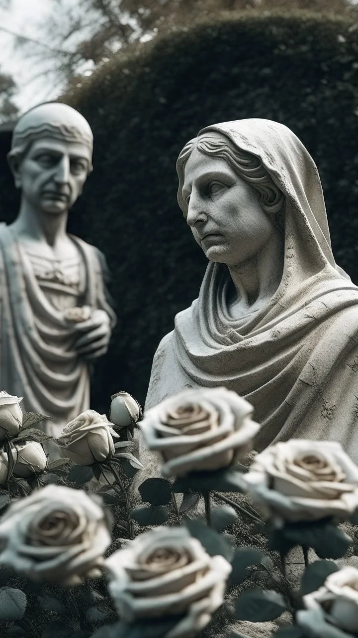 A grave with a statue of a woman behind it, and above it a white lace scarf and white roses. Cinematic picture