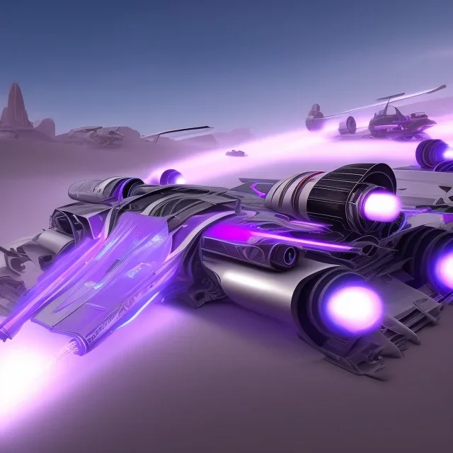 podracer concept, 2 engines side by side, purple lightning, Fast racing, motion blur, desert background