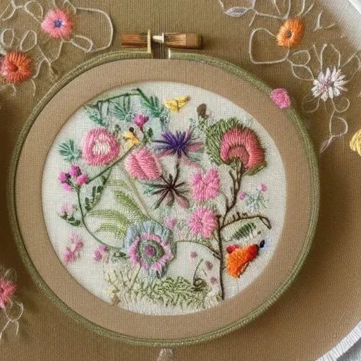 exquisite whimsical garden in embroidery hoop, intricate, highly detailed, linen and wood backdrop