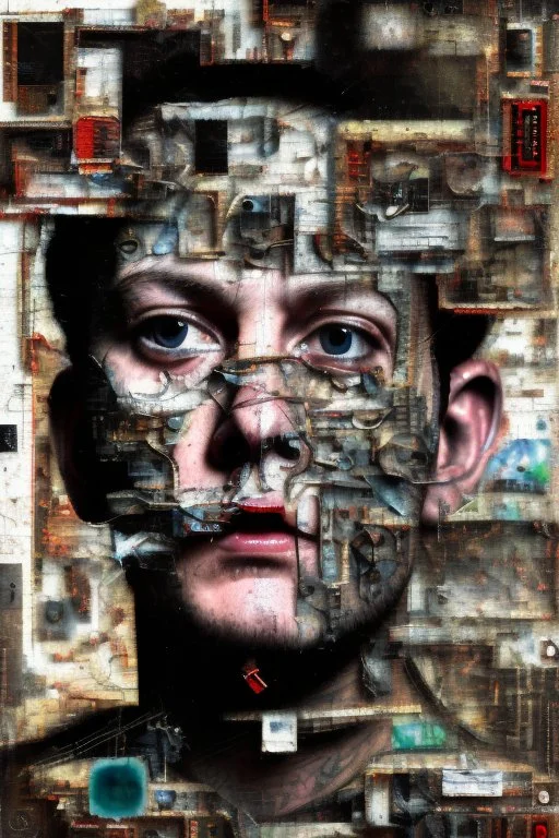 Ultra detailed medium portrait painting of close-up surrealism,disturbed person looking into the camera lens , torn up collage of clippings, broken circuitry background, matrix effects, punk visual art, punk art aesthetic, graffiti art, pop surrealism, collage art, cluttered paint glitches