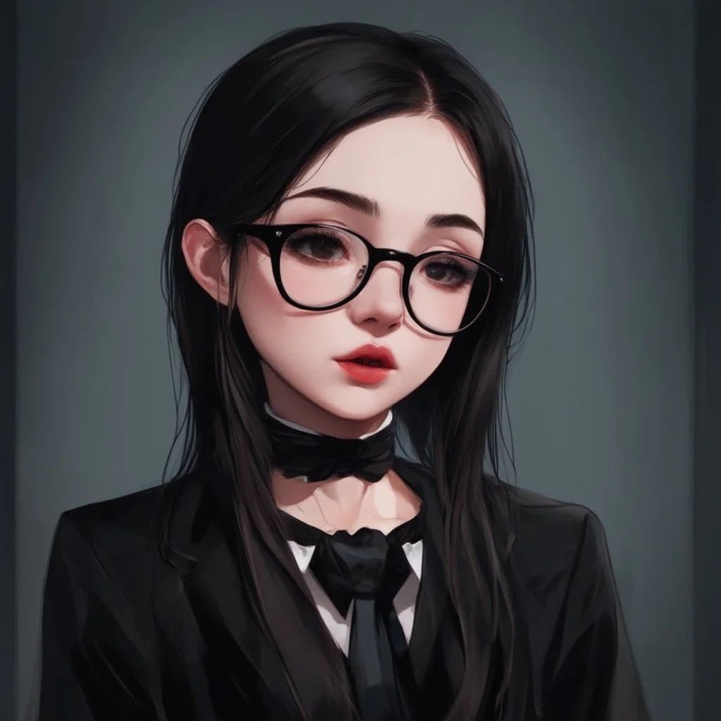 a pretty 18 year old girl, goth aesthetic, glasses, digital art, stylised