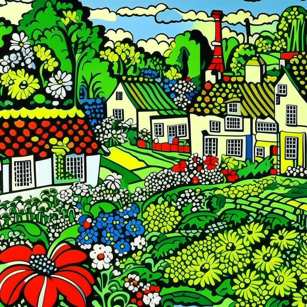 A green village with flowers designed in Bayeux tapestry painted by Roy Lichtenstein