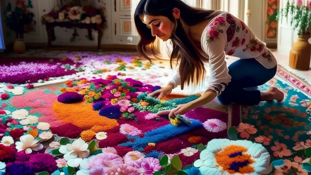 woman pours flower all over the the floors and rugs