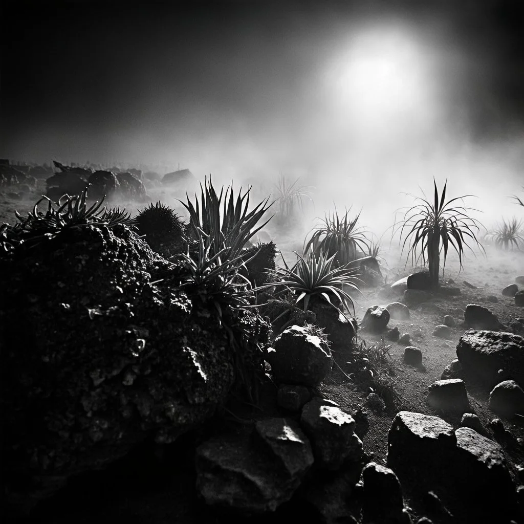 A striking quality photograph captures a wasteland with monsters and group of plants, creepy, details of the dust very accentuated, glossy organic mass, adorned with minerals and rocks. Bathed in intense light, eerie, Max Ernst style, black sun, fog