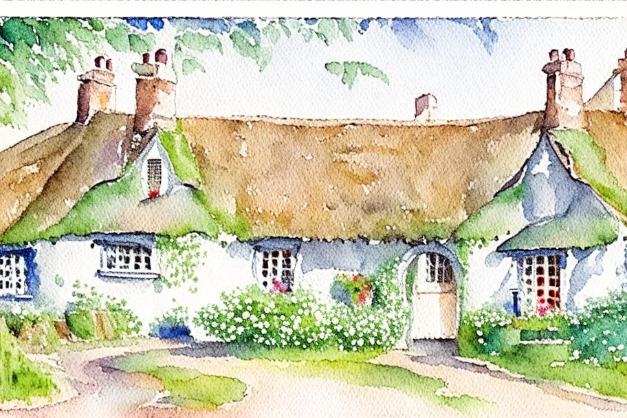 Detailed loose watercolour of an small English cottage