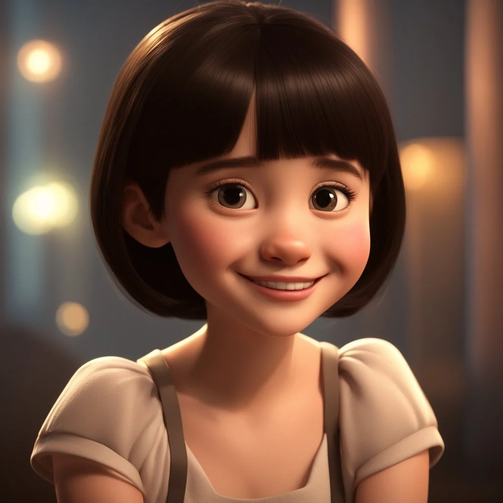 a portrait of smiling girl. carricature. cute. adorable. black hair. medium short hair. fair skin. dark brown eye pupils. small nose. heart face shape. formal dress. pixar style. 3D. 4k. portrait. highly detailed. sharp focus. high resolution. full color. cinema lighting