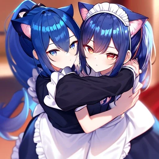 Clear Focus, High resolution, wearing a maid uniform, fluffy hair and a long ponytail, blue hair, cat ears, meowing, hugging another girl with red long fluffy hair also wearing a maid outfit, looking at you