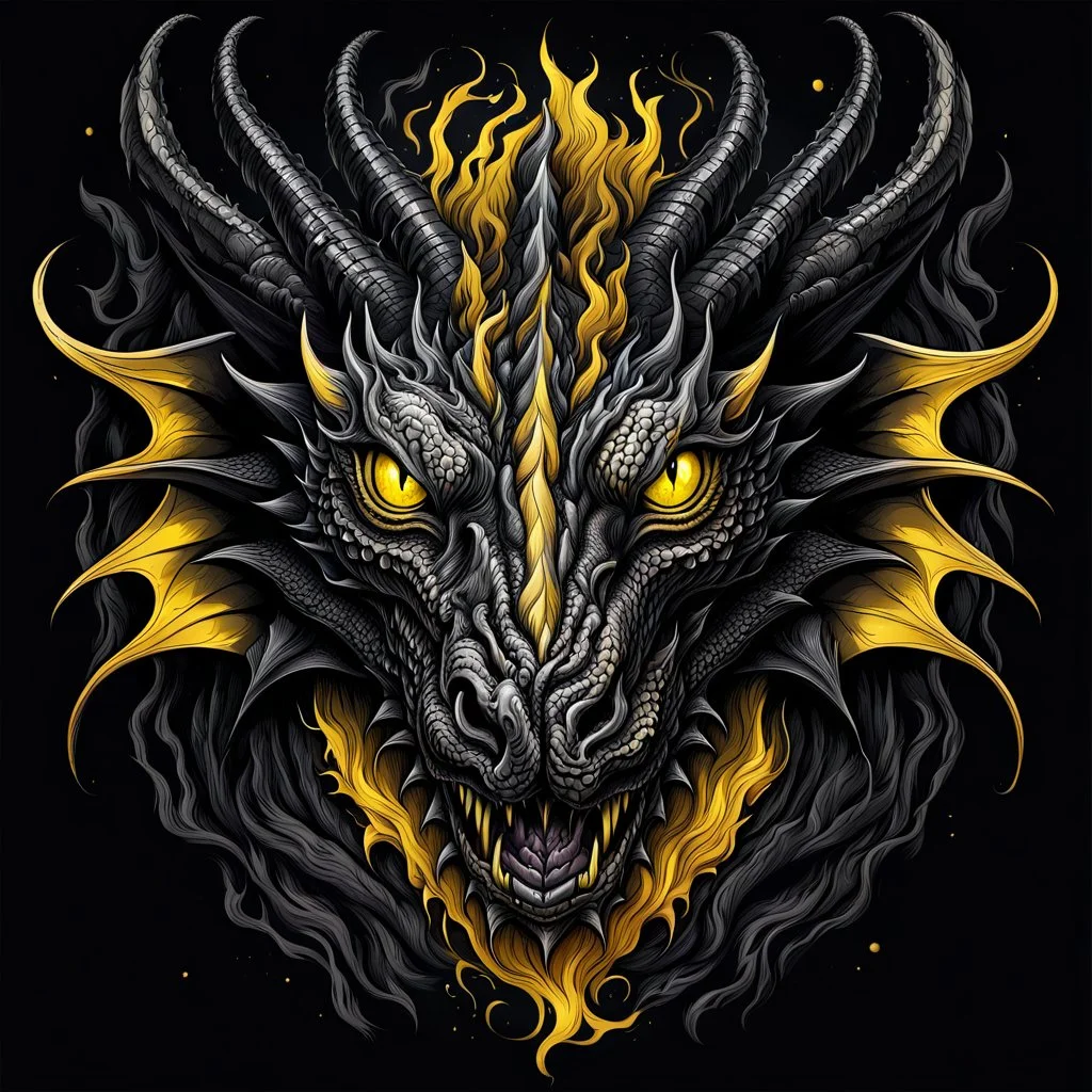 centered crepy stunning dragon head with yellow eyes on black background, dragon looking the camera, dark fantasy, , centered, high detalied, professional, alcohol ink, strong line art, vector graphics, dark mood, realistic, deep colors, cinematic