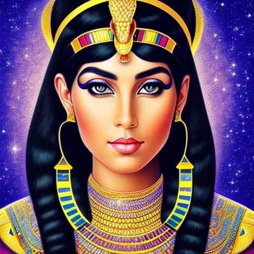 Portrait of Cleopatra princess: : PAUL SIGNAC :: : Egyptian makeup :: : lithograph, ink drawing :: : trending on artstation, insane details star encrusted::