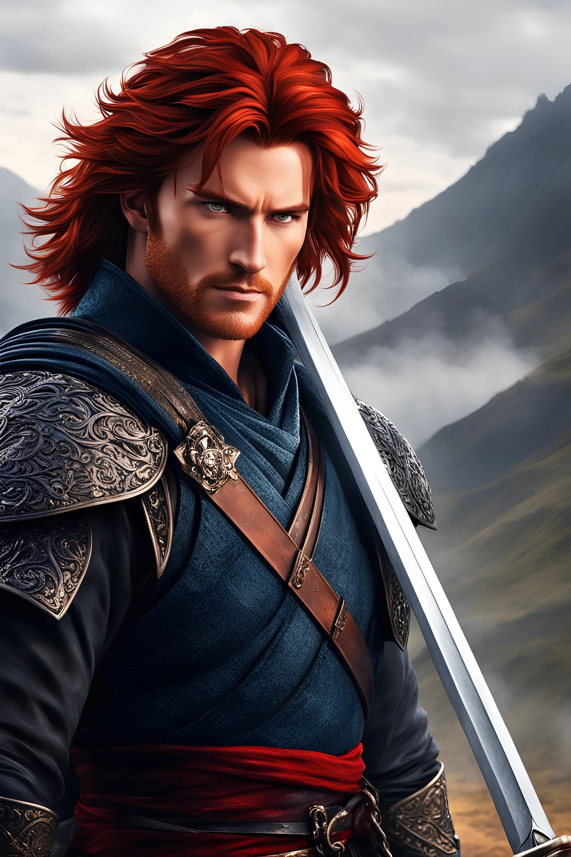 Cartoon Connor MacLeod, the immortal swordsman from the Scottish Highlands, standing proudly with his iconic sword. Capture his rugged features, fiery red hair, and the centuries of wisdom in his eyes. Add a touch of mystery and power to the scene, as if he's about to engage in an epic battle. The background should evoke ancient landscapes, misty mountains, and perhaps a glimpse of lightning. Make sure to emphasize the intricate details of his sword hilt and the flowing folds of his kilt. Let th