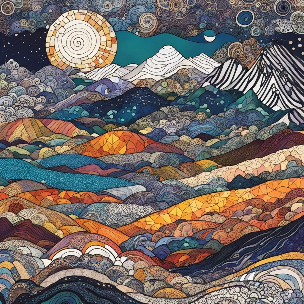 random color Zentangle patterns in the styles of Gustav Klimt ,Wassily Kandinsky, Paul Klee, and Kay Nielsen that depicts the jagged, rocky landscape of the Isle of Skye, with fine ink outlining