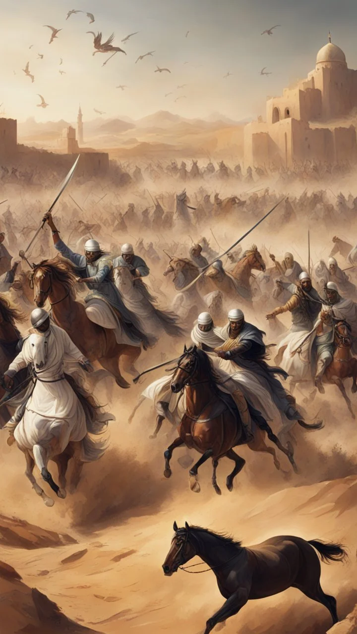 A picture of a battle of Muslims against polytheists with swords and horses, in the desert