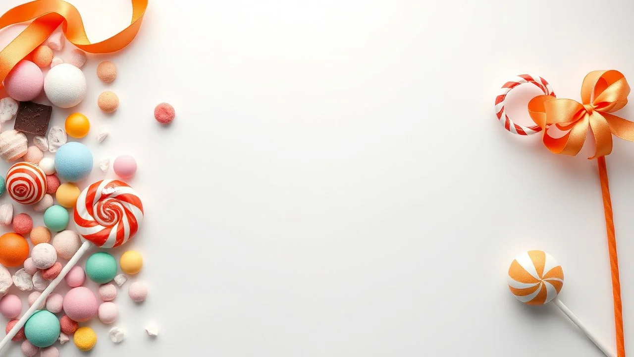 A beautiful image with a white, orange, and pale blue background theme, filled with chocolate, lollipops, and various colored pastels and candies on the left side of the image.