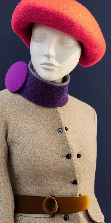 Everything she wear is in the image. she has plum-blue-magenta-camouflage mantel and simple orange felt bolero.Felt cloth visor with tippet. SMALL FELT CAP is merged to Old AKG headphones with recognizable Golden rings! cloth materials are denim and felt cloth mixed. Fashion 2023. Colors: Cream white, zinc plate, red ochre, ochre, orange - all mixed. Thick tights. Thick calves. She is in figure from top to toe.