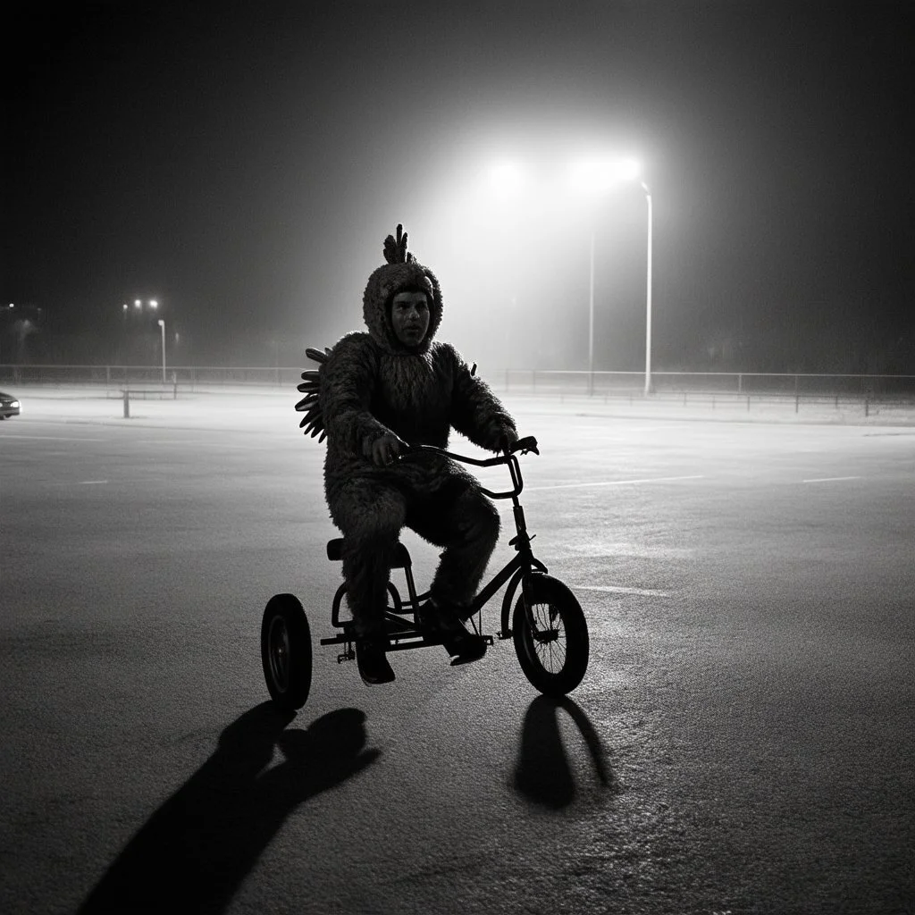 low res, low quality security cam with security cam digital artifacts and time stamp, high film grain, man dressed in a dirty torn full body turkey costume caught in security cam riding a small tricycle at night on a foggy night in an empty parking lot, found footage horror, low contrast, night vision, static hazy atmosphere