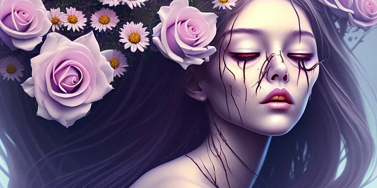 dead girl's decapitated head buried in flowers, beautiful, eyes closed