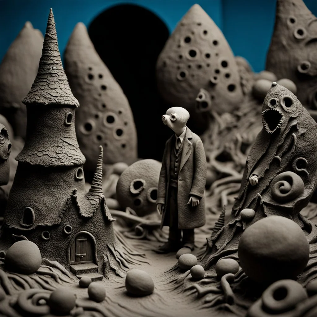 Tim Burton and Max Ernst odd creepy landscape made of modeling clay, gothic