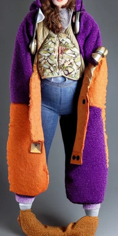 Brunette.thick thighs,thick calves,small belly,curvy fell. big head. Mantle is sewed of upcycled Denim and sewed together of camouflage pieces. Pieces' color are orange, cream and purple. It is with big bright purple felt tippet and cream-colored-hood. mantle is merged with satchel. . Big AKG-style headphones (gold rings!) is merged with small felt cap with small visor. Style: Haute Couture in 1920's, N.Y.C fashion in 1996, inspired by street art. Cream latex gaiter. Her head and rest body visib