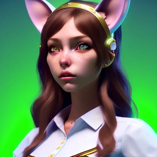 waitress teenager, latin, cat ears latex headband, rounded face, brown short hair, light makeup, shirt, vibrant color, highly detailed, gradient background, concept art, smooth, 16 bit, unreal engine 5, god rays, ray tracing, RTX, lumen lighting, ultra detail, volumetric lighting, 3d, finely drawn, high definition, high resolution.