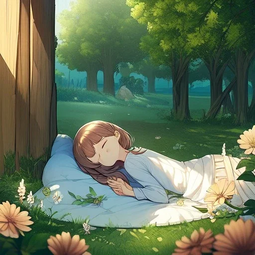 anime girl sleeping in a far away distance. field of flowers. trees are in the distance. girl is sleeping underneath a willow tree in the distance