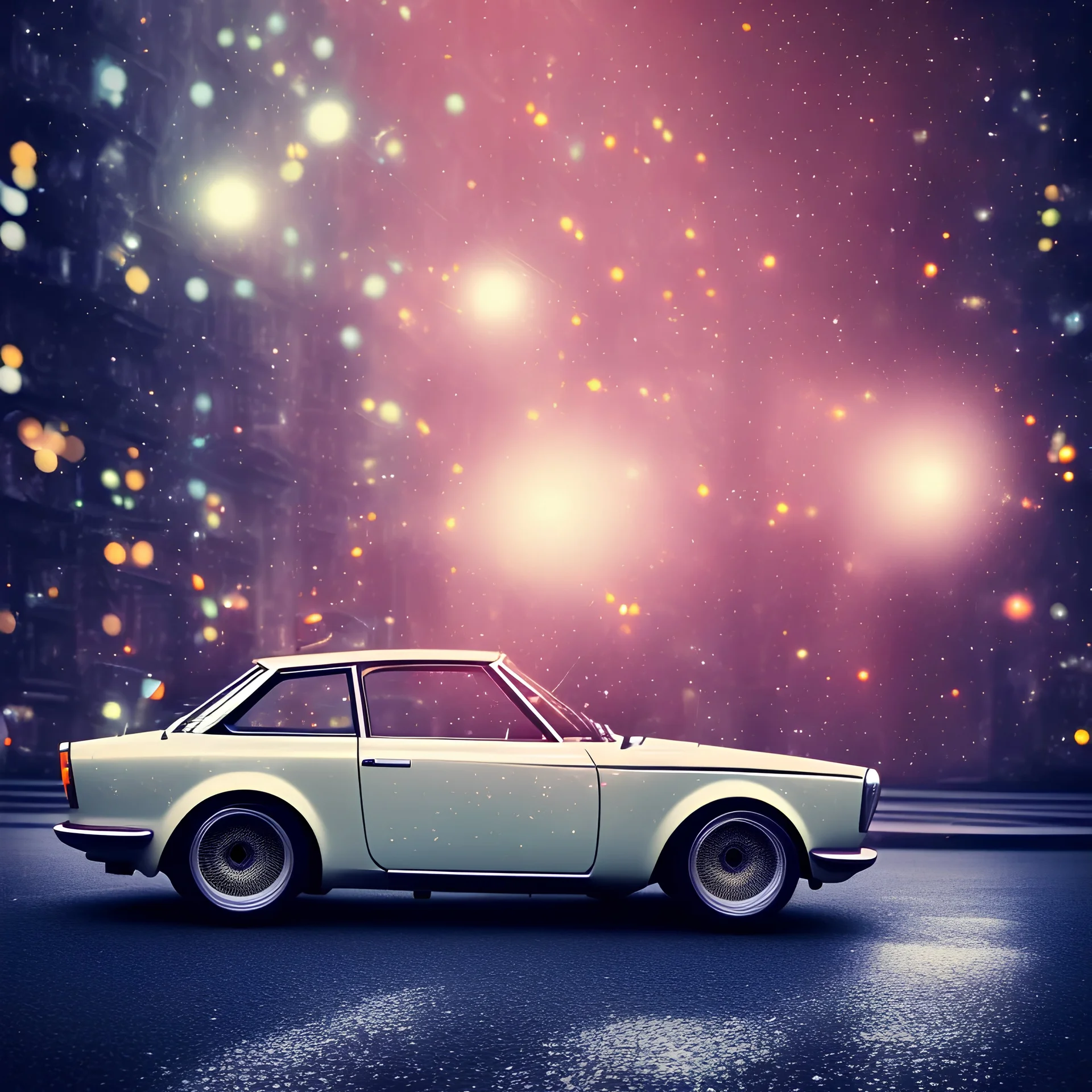 fiat 125p, city. high speed. bokeh. lens flare. warm lights. high detailed