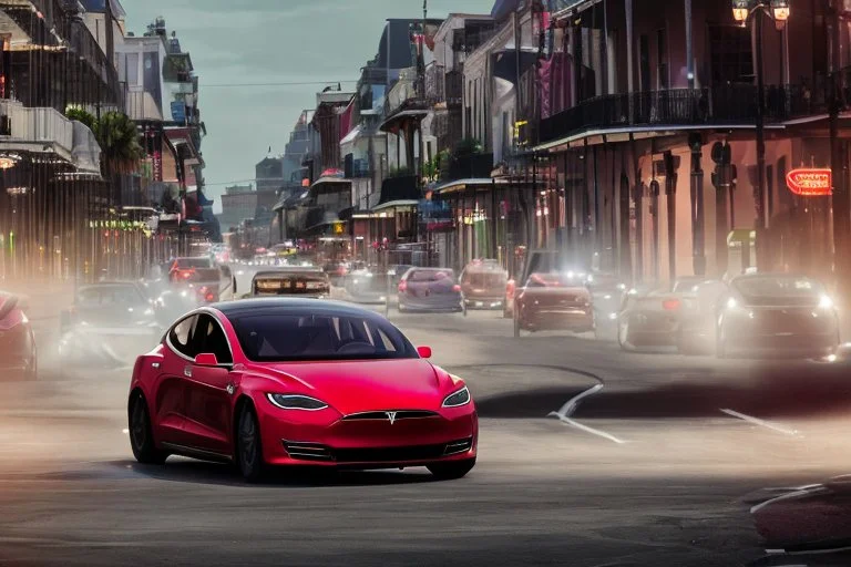 A Tesla 'Model S' is racing at top speed, on the streets of New Orleans. (CINEMATIC, WIDE ANGLE LENS, PHOTO REAL)