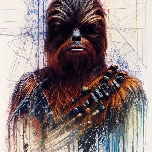 photorealistic and intricate portrait of chewbacca in star wars by Carne Griffiths, wearing beskar armor, deep dark colors, hyperdetailed, 32K, oil on canvas,