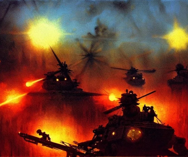 vietnam war. war. napalm. bokeh. lens flare. warm lights. high detailed. beksinski