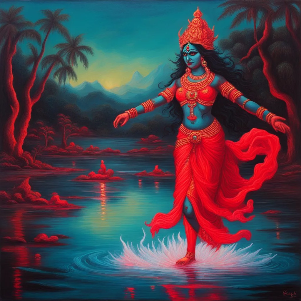 An oil painting of goddess Kali crossing a lake, neon red colors, side angle