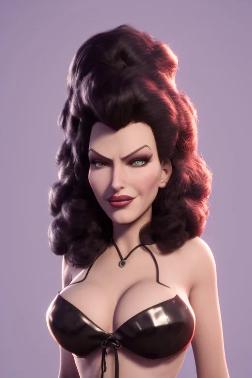 Rita Hayworth as evil queen in black leather, busty, cleavage, curvy, angry, stern look. character design by cory loftis, fenghua zhong, ryohei hase, ismail inceoglu and ruan jia. unreal engine 5, artistic lighting, highly detailed, photorealistic, fantasy