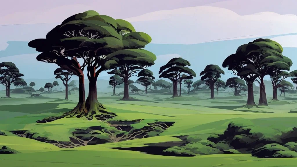 Beautiful landscape with trees, earth opens up and breaks down in black polygons.