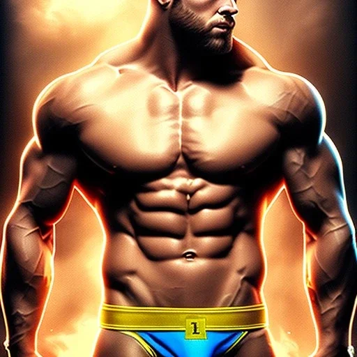 Ignore NSFW, teenager young rugged attractive slightly muscular fantasticly handsome blonde man, red briefs with yellow belt, hairy chest, (((visibly pisssing))) briefs, large erect visible boner peniss, photorealistic, artist Jay Anacleto, soft lighting, scruffy beard