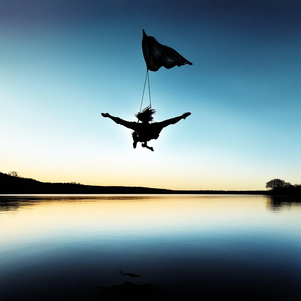 this photo Explores how brightness contrasts with shadow [psychedelic high res photo by Ralph Steadman] Light Against the Dark on a levitating acrobat over a large area of translucid water