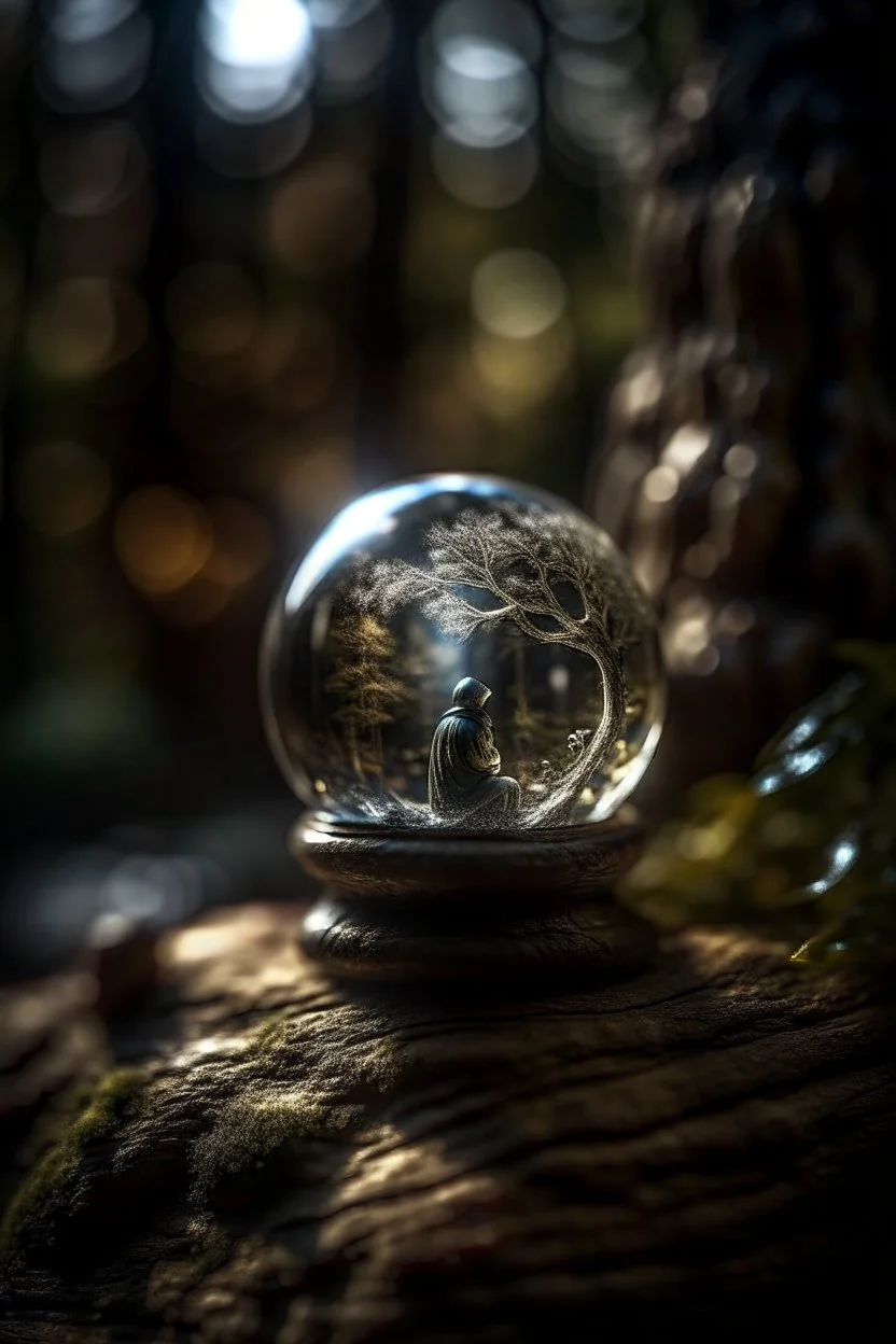 My Soul, Guide, Galactic - that will represent the Higher self and the lineage of the light inside a boat crystal ball hanging from a tree in the mountain , shot on Hasselblad h6d-400c, zeiss prime lens, bokeh like f/0.8, tilt-shift lens 8k, high detail, smooth render, down-light, unreal engine, prize winning